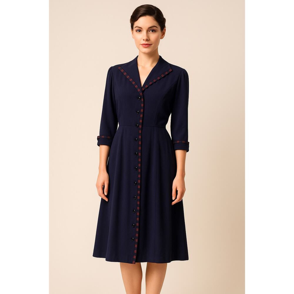 1950s Fair Lady Navy Crepe Button-Front Dress w/ Ribbon Trim medium